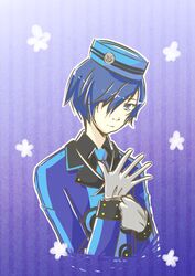  1boy blue_eyes blue_hair closed_mouth commentary cosplay english_commentary gloves gradient_background hair_over_one_eye hat long_sleeves looking_down male_focus mikadraws persona persona_3 persona_3_portable purple_background solo striped striped_background theodore_(persona) theodore_(persona)_(cosplay) vertical_stripes white_gloves yuuki_makoto_(persona_3) 