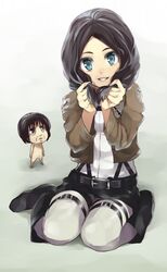  bad_id bad_pixiv_id belt black_hair blue_eyes boots chibi emblem female grin highres holding holding_own_hair jacket mina_carolina nishimuku_meri paradis_military_uniform shingeki_no_kyojin sitting smile thigh_strap titan_(generic)_(shingeki_no_kyojin) titan_(shingeki_no_kyojin) training_corps_(emblem) twintails uniform wariza 