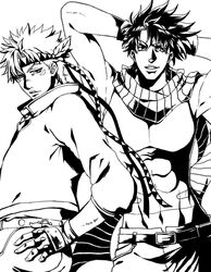  2boys bad_boy bad_id bad_pixiv_id caesar_anthonio_zeppeli commentary_request crop_top facial_mark fingerless_gloves gloves greyscale headband jacket jojo_no_kimyou_na_bouken joseph_joestar joseph_joestar_(young) midriff monochrome multiple_boys scarf striped_clothes striped_scarf 