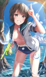  black_hair blue_sailor_collar breasts brown_eyes collarbone female grin highres holding holding_water_gun iwabuchi501 kantai_collection large_breasts looking_at_viewer miyuki_(kancolle) open_clothes open_shirt revision sailor_collar sailor_shirt school_swimsuit shirt short_hair smile solo swimsuit teeth water_gun white_shirt 