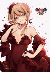  absurdres blonde_hair breasts brown_eyes cleavage detached_sleeves dress earrings fairy_tail female flower frilled_dress frills hair_between_eyes hair_flower hair_ornament hand_on_own_hip head_tilt highres jewelry large_breasts long_hair looking_at_viewer lucy_heartfilia natsu_dragneel ooya_(july_26) red_dress red_flower red_sleeves sideboob sidelocks sleeveless sleeveless_dress smile solo spaghetti_strap standing twitter_username white_background 