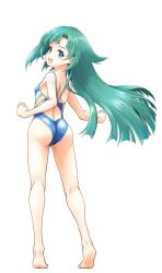  ass blue_eyes blue_one-piece_swimsuit blush breasts female from_behind green_hair kemono_friends kemono_friends_r long_hair looking_at_viewer naka_(nicovideo14185763) one-piece_swimsuit open_mouth simple_background small_breasts smile solo swimsuit tomoe_(kemono_friends)_(niconico88059799) 