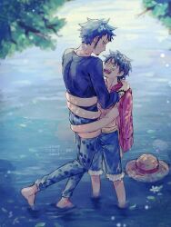  2boys :d arm_tattoo barefoot bite_mark bite_mark_on_neck black_hair black_shirt commentary_request demorzel denim earrings facial_hair goatee hat height_difference highres hug jewelry looking_at_another male_focus monkey_d._luffy multiple_boys one_piece open_mouth pants red_shirt shirt short_hair shorts smile straw_hat stretched_limb sweatdrop tattoo toned toned_male trafalgar_law translation_request tree unworn_hat unworn_headwear water yaoi 