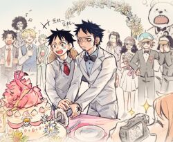  3girls 6+boys afro bear bepo bird black_hair blonde_hair blush bouquet bow bowtie brook_(one_piece) brown_hair buttons cake camcorder closed_eyes commentary_request cup curly_hair cutting demorzel donquixote_doflamingo dress drinking_glass earrings facial_hair flamingo flower food formal goatee green_hair hand_tattoo happy hat heart_pirates_jolly_roger holding holding_bouquet holding_cup holding_sword holding_weapon husband_and_husband ikkaku_(one_piece) jacket jewelry jolly_roger katana long_hair long_sleeves monkey_d._luffy multiple_boys multiple_girls nami_(one_piece) necktie nervous nico_robin one_piece open_mouth orange_hair pants penguin_(one_piece) plate polar_bear portgas_d._ace recording roronoa_zoro sabo_(one_piece) shachi_(one_piece) shirt short_hair smile sparkle straw_hat straw_hats_jolly_roger sunflower sunglasses sweatdrop sword table tattoo trafalgar_law vest video_camera weapon wedding wedding_cake_cutting white_jacket white_pants white_shirt yaoi yellow_eyes 