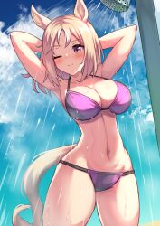  ;) animal_ears armpits arms_behind_head bikini blonde_hair breasts cleavage commentary_request female highres horse_ears horse_girl horse_tail large_breasts medium_hair narita_top_road_(umamusume) navel one_eye_closed pink_bikini red_eyes shower_head showering smile solo standing stomach swimsuit tail thighs umamusume wet yuutopia 