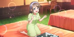  absurdres bed blue_hair brown_hair female game_cg green_pajamas hairband highres kneeling love_live! love_live!_school_idol_festival_all_stars love_live!_sunshine!! official_art open_mouth pajamas watanabe_you 