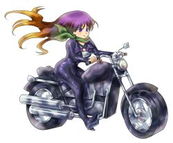  bandana biker_clothes bikesuit black_bikesuit black_bodysuit blonde_hair bodysuit breasts cleavage closed_mouth cross-laced_footwear female full_body green_bandana green_scarf highres hijiri_byakuren latex latex_bodysuit medium_breasts misaki_(originalsin) motor_vehicle motorcycle on_motorcycle purple_eyes purple_hair racing_suit scarf smile touhou turbo_byakuren 