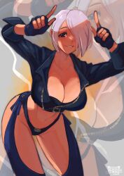  angel_(kof) backless_pants blue_eyes bra breasts chaps cleavage crop_top cropped_jacket emily_botta female fingerless_gloves gloves hair_over_one_eye highres horns_pose index_fingers_raised jacket large_breasts leather leather_jacket looking_at_viewer midriff navel panties pants short_hair smile snk solo strapless strapless_bra the_king_of_fighters the_king_of_fighters_xiv toned underwear white_hair 