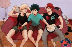  3boys artist_name bakugou_katsuki barefoot black_shirt black_tank_top blonde_hair blush boku_no_hero_academia burn_scar charging_device controller couch derivative_work food freckles green_shirt green_shorts grey_pants holding holding_remote_control indoors lamp male_focus messy_room midoriya_izuku multicolored_hair multiple_boys nikkiyan on_couch open_mouth pants popcorn remote_control scar shirt shoes short_sleeves shorts sitting split-color_hair tank_top teeth todoroki_shouto unworn_shoes yaoi 