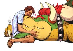  bottomwear bowser claws clothing collar duo facial_hair fangs flip_flops ghost heart_symbol horn human intimate koopa luigi male male/male mammal mario_bros moustache nintendo petting sandals scalie shell shirt shorts size_difference smile spiked_collar spiked_shell spikes spikes_(anatomy) spirit teeth tench_art topwear 