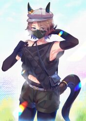  absurdres animal_ears armpits belt black_gloves black_mask black_pantyhose black_shirt blue_belt blue_eyes blue_hat bra_strap brown_hair brown_shorts chain-link_fence clothes_lift clothes_pull doushi_tatsu_to_dekkai_no ear_ornament ears_through_headwear elbow_gloves female fence gloves hair_between_eyes hat highres horse_ears horse_girl horse_tail hot looking_at_viewer mask mouth_mask narita_taishin_(umamusume) navel off_shoulder outdoors pantyhose pantyhose_under_shorts shirt shirt_lift shirt_pull short_hair shorts solo sweat tail tail_ornament umamusume 