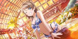  absurdres bikini blue_bikini blue_hair breasts brown_hair cleavage female game_cg highres jewelry love_live! love_live!_school_idol_festival_all_stars love_live!_sunshine!! navel necklace official_art one_eye_closed pool smile swimsuit teeth watanabe_you 