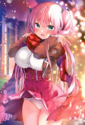  absurdres adjusting_scarf aqua_eyes blurry blush bow breasts buttons christmas clothes_lift clothes_pull female frills hair_between_eyes hair_ornament hairbow highres jacket kino_(kino_konomi) kino_(kinokonomi) large_breasts long_hair looking_at_viewer melonbooks open_clothes open_jacket original outdoors pink_hair pleated_skirt red_scarf red_shirt red_skirt scarf school_uniform shirt sidelocks skirt skirt_lift skirt_pull solo standing striped_clothes striped_neckwear striped_scarf third-party_edit twintails uniform very_long_hair wind wind_lift 