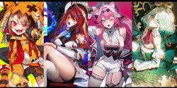  4girls :3 ;d ;o ahoge animal_ear_fluff animal_ears arm_up ascot beret black_gloves black_hat black_shorts blue_fire blue_hair breasts brown_hair cat_ears cat_girl cat_tail cecilia_immergreen cleavage colored_inner_hair crossed_legs doll_joints dress elizabeth_rose_bloodflame fangs fingerless_gloves fire gigi_murin gloves goggles goggles_on_head green_dress green_eyes green_hair grey_hair hair_in_own_mouth hair_ornament hair_through_hood half-closed_eye hat highres holojustice hololive hololive_english hood hood_up hooded_shrug joints large_breasts long_hair long_sleeves looking_at_viewer medium_hair misu_(miisuuu) mouth_pull multicolored_hair multiple_girls official_alternate_eye_color ojou-sama_pose one_eye_closed open_mouth orange_shrug partially_fingerless_gloves pink_hair purple_eyes raora_panthera red_ascot red_eyes red_hair sharp_teeth shirt short_hair shorts single_thighhigh sitting small_breasts smile streaked_hair symbol-shaped_pupils tail teeth thighhighs thighs throne tongue two-tone_hair two_side_up upper_body very_long_hair virtual_youtuber white_ascot white_shirt white_thighhighs winding_key window 