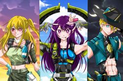  1boy 2girls abs apex_legends black_gloves black_hat blue_eyes blue_gloves blue_jacket breasts clothing_cutout cloud conduit_(apex_legends) conduit_(apex_legends)_(cosplay) cosplay cropped_jacket double_v fingerless_gloves gloves green_pants green_tank_top grey_gloves hair_behind_ear hair_ornament hat highres hoshino_ai&#039;s_pose hoshino_ai_(oshi_no_ko) hoshino_aquamarine hoshino_ruby jacket lifeline_(apex_legends) lifeline_(apex_legends)_(cosplay) long_hair looking_at_viewer looking_down medium_breasts midriff multiple_girls navel night oshi_no_ko pants purple_eyes purple_hair rabbit_hair_ornament seer_(apex_legends) seer_(apex_legends)_(cosplay) sena_(neongai12) short_hair side_ponytail sleeveless sleeveless_jacket smile stomach_cutout straight-on symbol-shaped_pupils tank_top tongue tongue_out upper_body v very_long_hair 