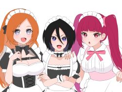  3girls :d :o alternate_costume apron b_eaka black_bow black_bowtie black_hair black_shirt bleach blunt_bangs blush bow bowtie breasts brown_hair cleavage commentary_request crossed_arms dokugamine_riruka double-parted_bangs enmaided frilled_wrist_cuffs frills grey_eyes hair_between_eyes hand_on_another&#039;s_shoulder hand_up highres inoue_orihime kuchiki_rukia large_breasts long_hair looking_at_viewer maid maid_apron maid_headdress multiple_girls neck_ribbon open_mouth parted_bangs pink_ribbon puffy_short_sleeves puffy_sleeves purple_eyes red_eyes red_hair ribbon shirt short_hair short_sleeves side-by-side simple_background smile straight_hair tsurime twintails upper_body v-shaped_eyebrows white_apron white_background white_shirt wrist_cuffs 