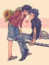  2boys arm_tattoo black_hair black_shirt closed_eyes commentary demorzel denim earrings facial_hair finger_tattoo flower full_body fur_hat goatee hand_tattoo hat heart holding holding_flower holding_sword holding_weapon jeans jewelry looking_at_another male_focus monkey_d._luffy multiple_boys one_piece open_mouth pants red_shirt sandals scar scar_on_chest shirt shoes short_hair sitting sparkle straw_hat sunflower sword symbol-only_commentary tattoo trafalgar_law weapon yaoi 