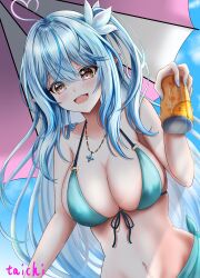  absurdres ahoge bikini blue_bikini blue_hair breasts can cleavage drink_can elf female highres holding holding_can hololive jewelry juice large_breasts long_hair looking_at_viewer navel necklace pointy_ears sarong side_ponytail solo swimsuit taichi8882 umbrella very_long_hair yellow_eyes yukihana_lamy 