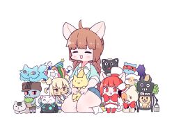  1boy 3girls ahoge albireo_(pop&#039;n_music) animal balck_cat blue_cat blue_skirt braid brown_hair brown_hat character_request feline furry furry_female furry_male hat holding holding_animal holding_cat kiosk_(artist) kneeling multiple_girls necktie nyami_(pop&#039;n_music) open_mouth pop&#039;n_music reina_(pop&#039;n_music) simple_background skirt star_nyan thighs twin_braids white_background yellow_necktie 