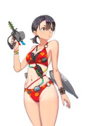  between_breasts bikini black_hair breasts brown_eyes female floral_print fujisawa_takashi gun highres looking_to_the_side medium_breasts medium_hair o-ring o-ring_bikini o-ring_bottom o-ring_top original red_bikini simple_background solo standing strap_between_breasts swimsuit weapon white_background 