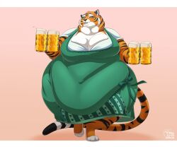  2024 alcohol anthro beer belly beverage big_belly big_breasts biglovealicia breasts cel_shading clothed clothing digitigrade felid female full-length_portrait fully_clothed green_eyes hi_res huge_belly letterbox looking_at_viewer mammal muffin_top obese obese_female one_eye_closed overweight overweight_female pantherine pear-shaped_figure portrait shaded signature solo thick_thighs tiger walking wide_hips 