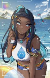  bare_shoulders beach black_hair blue_eyes blue_eyeshadow blue_hair blush breasts choker crop_top dark-skinned_female dark_skin earrings eyeshadow female hair_bun highres hoop_earrings jewelry large_breasts leaning_forward long_hair looking_at_viewer makeup midriff multicolored_hair navel necklace nessa_(pokemon) pokemon pokemon_swsh ryuuneart shore single_hair_bun solo thighs two-tone_hair 