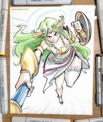  absurdres art_tools_in_frame breasts chains chris_metzner cleavage clenched_hand collarbone diadem dress female gold_chain green_eyes green_hair highres holding holding_staff kid_icarus kid_icarus_uprising long_hair looking_at_viewer marker_(medium) palutena photo_(medium) shield single_thighhigh solo staff strapless strapless_dress thighhighs traditional_media twitter_username 