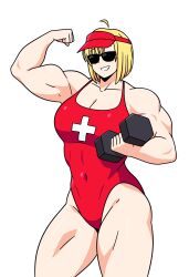  absurdres ahoge arm_up biceps blonde_hair borrowed_character breasts collarbone commentary covered_eyes covered_navel cross cross_print drloon dumbbell exercising female flexing greek_cross grin hand_up highleg_one-piece_swimsuit highres holding_dumbbell large_breasts muscular muscular_female natalie_(qrow92) one-piece_swimsuit original red_one-piece_swimsuit short_hair simple_background smile solo sunglasses swimsuit symbol-only_commentary teeth thighs white_background 