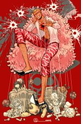  1boy 4444_(tetsuya) blonde_hair broken bullet_hole capri_pants coat devil_fruit doll donquixote_doflamingo donquixote_rocinante feathered_coat hole_in_chest hole_on_body invisible_chair leg_hair male_focus muscular muscular_male one_piece open_clothes open_shirt pants pink_coat puppeteering red_background riku_dold_iii shirt short_hair sitting smile sunglasses teeth thread toy viola_(one_piece) white_shirt winding_key 