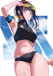  armpits bikini black_bikini black_hair blue_eyes breasts closed_mouth commentary_request eyewear_on_head female gridman_universe highres long_hair looking_at_viewer medium_breasts navel ponytail showhey!! simple_background smile solo sports_bikini ssss.gridman sunglasses swimsuit takarada_rikka tinted_eyewear twitter_username wet yellow-tinted_eyewear 