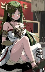  blush breasts chains collarbone diadem dress female gold_chain green_eyes green_hair highres kid_icarus kid_icarus_uprising large_breasts long_hair palutena shorts_under_dress single_thighhigh sitting solo strapless strapless_dress taka_p_(zelda27th) thighhighs 