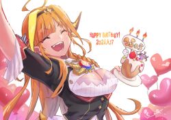  ahoge balloon black_shirt blonde_hair breasts cleavage cleavage_cutout closed_eyes clothing_cutout dragon_girl dragon_horns female happy_birthday heart_balloon hololive horns kiryu_coco kiryu_coco_(1st_costume) kyou_fumei large_breasts long_hair multicolored_hair open_mouth orange_hair shirt smile solo streaked_hair virtual_youtuber white_background 