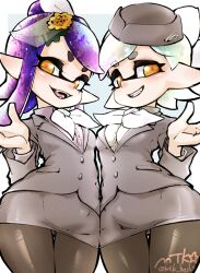  2girls artist_name black_pantyhose bow bow-shaped_hair bowtie breasts callie_(splatoon) center_frills collared_shirt commentary_request cross-shaped_pupils fangs flower frills garrison_cap green_hair grey_hat grey_jacket grey_skirt grey_suit hair_flower hair_ornament hat inkling jacket long_hair long_pointy_ears long_sleeves looking_at_viewer marie_(splatoon) miniskirt mole mole_under_eye multiple_girls mutsuki_(pixiv116518) official_alternate_costume open_mouth orange_eyes orange_pupils pantyhose pencil_skirt pink_shirt pointy_ears purple_hair shirt short_hair skirt small_breasts splatoon_(series) splatoon_3 suit swept_bangs symbol-shaped_pupils tentacle_hair white_bow white_bowtie white_shirt yellow_flower 