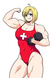  absurdres ahoge arm_up biceps blonde_hair blue_eyes borrowed_character breasts collarbone commentary covered_navel cross cross_print drloon dumbbell english_commentary exercising female flexing greek_cross grin hand_up highleg_one-piece_swimsuit highres holding_dumbbell large_breasts muscular muscular_female natalie_(qrow92) one-piece_swimsuit original red_one-piece_swimsuit short_hair simple_background smile solo swimsuit teeth thighs white_background 