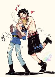  2boys abs arm_tattoo ascot belt black_hair blonde_hair blue_coat boots brown_gloves burn_scar coat commentary_request demorzel freckles full_body gloves happy hug male_focus multiple_boys one_piece open_mouth pants portgas_d._ace sabo_(one_piece) scar scar_across_eye shadow short_hair shorts smile standing standing_on_one_leg sweatdrop tattoo toned toned_male topless_male 