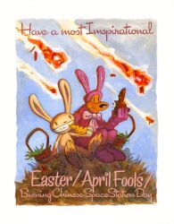  2018 anthro april_fools&#039;_day basket brown_body brown_fur candy canid canine canis chocolate clothing container costume debris dessert domestic_dog duo easter easter_basket eating english_text fire food fur hi_res hill holidays lagomorph leporid male mammal max_(sam_and_max) official_art peeps rabbit ribbons sam_and_max samuel_dog sky space_station steve_purcell text tiangong-1 white_body white_fur 