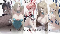  5girls absurdres ahoge akane_(blue_archive) akane_(bunny)_(blue_archive) animal_ears aqua_bow aqua_bowtie arm_tattoo armpits arms_up ass asuna_(blue_archive) asuna_(bunny)_(blue_archive) bare_shoulders black-framed_eyewear black_hair black_leotard blonde_hair blue_archive blue_bow blue_bowtie blue_eyes blue_halo blue_leotard blue_ribbon blush bow bowtie braid breasts brown_eyes cleaning_&amp;_clearing_(blue_archive) cleavage clenched_teeth dark-skinned_female dark_skin detached_collar earrings fake_animal_ears fake_tail fishnet_pantyhose fishnets glasses gloves grin hair_over_one_eye halo hand_on_own_ass high_heels high_ponytail highres huge_ahoge jacket jewelry karin_(blue_archive) karin_(bunny)_(blue_archive) large_breasts leotard light_brown_hair long_hair long_sleeves lying medium_breasts mole mole_on_breast multiple_girls neru_(blue_archive) neru_(bunny)_(blue_archive) official_alternate_costume on_side pantyhose playboy_bunny ponytail presenting_armpit rabbit_ears rabbit_tail red_eyes red_footwear red_hair red_leotard ribbon short_hair sideboob single_braid smile strapless strapless_leotard stud_earrings sukajan tail takkun0926 tattoo teeth thighhighs toki_(blue_archive) toki_(bunny)_(blue_archive) very_long_hair white_gloves white_leotard white_pantyhose white_thighhighs wrist_cuffs yellow_eyes 