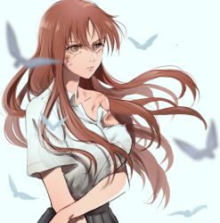  ai_(ai1470) arm_under_breasts bleach blurry breasts brown_eyes brown_hair closed_mouth collared_shirt commentary_request depth_of_field dirty dirty_face eyelashes female floating_hair hair_between_eyes highres inoue_orihime large_breasts long_hair looking_at_viewer school_uniform serious shirt short_sleeves shun_shun_rikka simple_background single_bare_shoulder solo tsurime upper_body v-shaped_eyebrows very_long_hair white_background white_shirt 