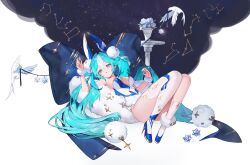  alternate_costume animal_ears aqua_hair aqua_nails aquarius_(constellation) asymmetrical_legwear bird blue_bow blue_eyes blue_footwear bow breasts capricorn_(constellation) clothing_cutout constellation fake_animal_ears female fur_anklet fur_wrist_cuffs gemini_(constellation) hatsune_miku high_heels highres leo_(constellation) leotard libra_(constellation) long_hair lying medium_breasts mismatched_legwear multicolored_hair nail_polish navel_cutout on_back parted_lips playboy_bunny rabbit_ears sagittarius_(constellation) scorpius_(constellation) sidelocks single_thighhigh soha_(littlesummerpe) solo stellated_octahedron strapless strapless_leotard thighhighs twintails two-tone_hair two-tone_leotard very_long_hair vocaloid white_bird white_hair 