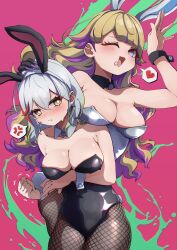  2girls absurdres anger_vein animal_ears bare_shoulders black_leotard black_skin blonde_hair blue_eyes blunt_bangs blush breasts c_civciv cleavage clenched_hand collarbone colored_skin cowboy_shot diabellstar_the_black_witch diabellze_the_original_sinkeeper double-parted_bangs duel_monster earrings embarrassed fake_animal_ears fake_tail fishnet_pantyhose fishnets green_eyes green_hair grey_hair heart highres jewelry large_breasts leotard looney_tunes medium_hair multicolored_hair multicolored_skin multiple_girls one_eye_closed pantyhose playboy_bunny purple_hair rabbit_ears rabbit_tail red_hair saliva spoken_anger_vein spoken_heart strapless strapless_leotard sweat tail two-tone_hair two-tone_skin white_leotard yu-gi-oh! 