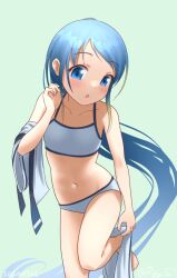  bikini blue_eyes blue_hair breasts cowboy_shot female kantai_collection leaning_forward long_hair navel necktie one-hour_drawing_challenge ray.s samidare_(kancolle) small_breasts solo standing standing_on_one_leg swimsuit undressing unworn_necktie white_bikini 