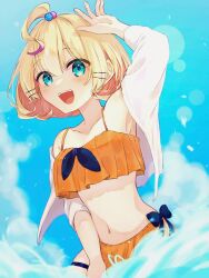  aqua_eyes arm_up beads bikini blonde_hair blush bob_cut breasts female frilled_bikini frills hair_beads hair_ornament hairclip highres in_water medium_hair millie_parfait nijisanji nijisanji_en nnnuts2 open_mouth skindentation small_breasts solo swimsuit thigh_strap virtual_youtuber 