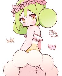  blush bovine closed_mouth double_bun feline female flora_(pop&#039;n) green_hair hair_bun kiosk_(artist) looking_at_viewer looking_back panties pantyshot pig pop&#039;n_music short_hair simple_background solo underwear white_background yellow_eyes 