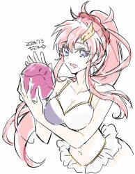  bare_shoulders bikini blue_eyes breasts cleavage female gundam gundam_seed gundam_seed_destiny hair_ornament huge_breasts lacus_clyne large_breasts long_hair looking_at_viewer navel open_mouth pink_hair ponytail smile solo straight swimsuit very_long_hair yanada_kiyorin 