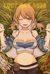  2023 ;d blue_sleeves breasts brown_eyes character_name cleavage collarbone crop_top detached_sleeves fairy_tail female from_above groin hair_between_eyes highres holding_hands light_brown_hair long_hair long_sleeves looking_at_viewer lucy_heartfilia lying medium_breasts midriff navel on_back one_eye_closed ooya_(july_26) open_mouth scarf smile solo stomach 