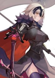  absurdres ahoge armor armored_dress black_dress black_thighhighs breasts chains collar dress fate/grand_order fate_(series) faulds female flag gauntlets genshu_doki grey_hair headpiece highres jeanne_d&#039;arc_alter_(avenger)_(fate) jeanne_d&#039;arc_alter_(fate) large_breasts looking_at_viewer metal_collar plackart polearm short_hair smile solo sword thighhighs thighs weapon yellow_eyes 