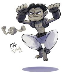  1boy barefoot black_hair clenched_hands closed_mouth colored_skin floating full_body geodude grey_pants grey_skin male_focus pants pectorals personification pokemon reference_inset shadow short_hair simple_background tamtamdi translated white_background 