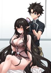  1boy absurdres babydoll black_babydoll black_gloves black_hair blue_eyes blush breasts brushing_another&#039;s_hair brushing_hair commission fate/grand_order fate_(series) female fujimaru_ritsuka_(male) gloves hair_brush hand_in_another&#039;s_hair highres holding holding_hair_brush ianzky large_breasts lingerie long_hair nose_blush pixiv_commission pointy_ears semiramis_(fate) sitting underwear very_long_hair yellow_eyes 