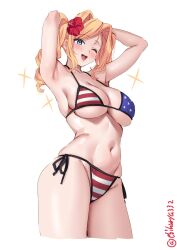  american_flag american_flag_bikini american_flag_print armpits arms_behind_head arms_up bikini blonde_hair blue_eyes blush breasts cleavage collarbone cropped_legs drill_hair ebifurya female flag_print flower hair_flower hair_ornament highres honolulu_(kancolle) kantai_collection large_breasts long_hair looking_at_viewer navel one_eye_closed open_mouth print_bikini side-tie_bikini_bottom simple_background smile solo stomach swimsuit twin_drills twintails twitter_username white_background 