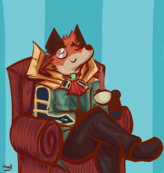  anthro canid canine canis chair closed_eyes clothed clothing container cup eyebrows footwear fox fur furniture hi_res kemo_coliseum lambert_(kemo_coliseum) male mammal multicolored_body multicolored_fur on_chair orange_body orange_fur pinumontbalou shoes sitting sitting_on_chair smile solo solo_focus 